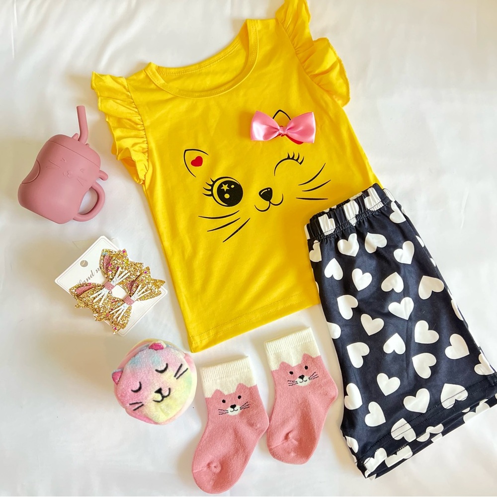 Yellow Cat Print Kids Pajamas Set Ready to Gift Box